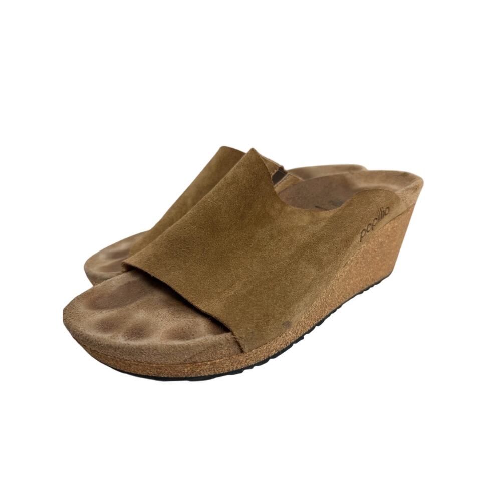 Birkenstock Papillio Tan Suede Leather Cork Wedge Slip On Sandals 38 Narrow